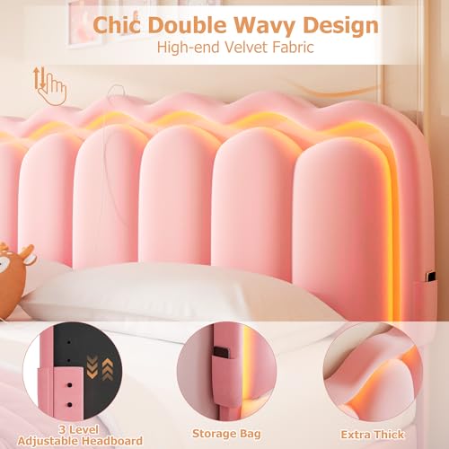 King Upholstered LED Bed Frame with 2 Storage Drawers and Adjustable Chic Double Wavy Headboard, Velvet Princess Platform Bed with Charing Station, Solid Wood Slats Support, No Box Spring Needed, Pink