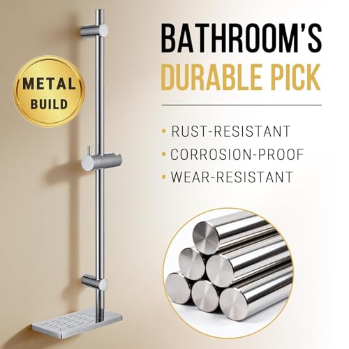 G-Promise Metal Shower Slide Bar with Adjustable Holder and Stainless Steel Tray, Height and Angle Adjustable Handheld Shower Head Bracket, Wall-Mounted for Cover Existing Hole (27.6 Inch, Chrome) — view 3