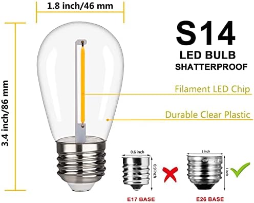 Miniatura 2 de KGC Paquete de 25 bombillas LED de repuesto S14 de 1 W, 2200 K, blanco cálido, impermeable, para exteriores, bombilla de filamento LED vintage,