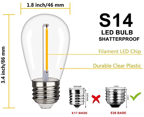 Kgc 25 Pack Shatterproof & Waterproof S14 Replacement Led Light Bulbs –1W Equivalent To 10W, White Warm 2200K Outdoor String Lights Vintage Led Filament Bulb, E26 Base Edison Led Bulbs #TOP1