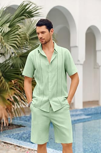 Runcati Herren 2 Stück Leinen Set Regular Fit Knopfleiste Strand Hemd und Shorts Kurzarm Sommer Outfits Minzgrün L