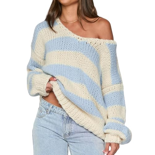 Women's Off The Shoulder Striped Sweaters Y2k Drop Shoulder
