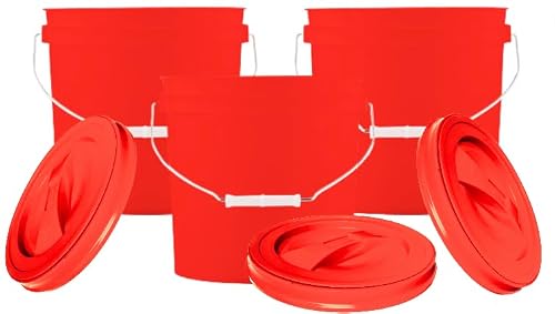 House Naturals 2 Gallon Red Plastic Food Grade BPA Free Made in USA Plastic Bucket Container with Red Screw On Lid - Pack of 3