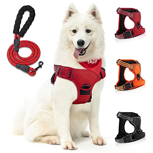 SIBOTER Arnes Perro, Arnes Perro Mediano con Lineas Reflectante, Arnes Perro Antitirones Transpirable con Control de Manija para Correr, Caminar, Trotar (L, Rojo)