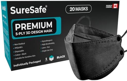 [20 Pack] SURESAFE 3D 5-PLY Contoured Fish Shape Mask for Adult, Latex Free Non-Woven Disposable Black Face Mask, Comfortable and Easy to Breathe