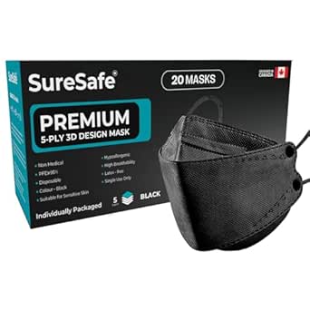 [20 Pack] SURESAFE 3D 5-PLY Contoured Fish Shape Mask for Adult, Latex Free Non-Woven Disposable Black Face Mask, Comfortable and Easy to Breathe