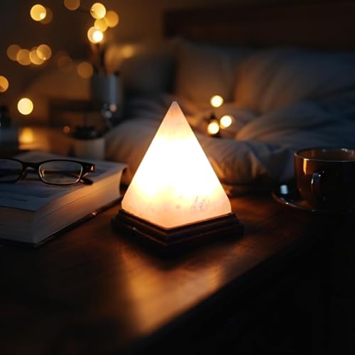 Image of NB Himalayan Pink Salt Pyramid Lamp - Hand-Carved Crystal Rock Salt Lamp with Dimmer Switch & 2 Bulbs - Natural Wellness Light from Pakistan - Amber Glow for Home, Office & Meditation Space