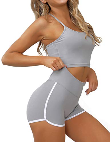 Toplook Women Workout Outfits Yoga 2 Pieces Set Scrunch Butt Shorts and Crop Bra (Gray, Large)