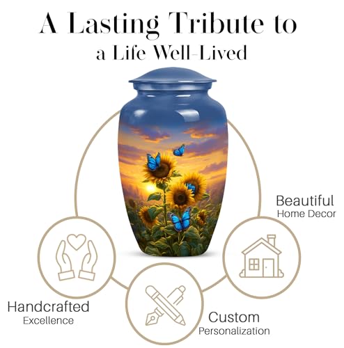 Image of Sunflower with Butterfly Urn for Human Ashes Adult Male and Female - Funeral Urns for Human Ashes Adult - Sunset Yellow Sunflower Urn for Mom and Dad - Cremation Urns for Men 10inch