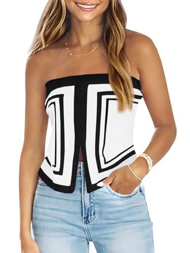 Saodimallsu Womens Strapless Crop Tube Tops Sexy Sleeveless Knit Summer Trendy Color Block Asymmetrical Y2k Bandeau Top