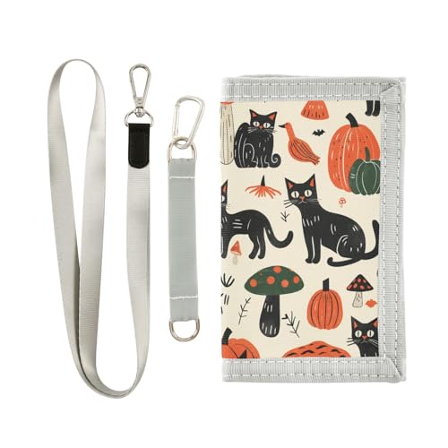 Yoogain Halloween Cats Pumpkins Mushrooms Bold minimalist wallet for womens unique tri fold wallet for men with lanyard