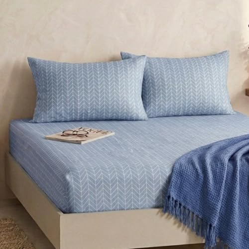 Image of Marrow Lane 300 TC Soft Air Cotton King Size Bedsheet, Bed Sheet for King Size Bed (108x108 Inches) with 2 Pillow Covers | Ultra Soft, Breathable & Durable | Herringbone Arrow Design | Blue