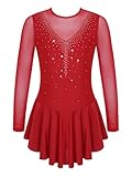 YUUMIN Girls Long Sleeves Figure Ice Skating Dress Kids Leotard Roller Skating Rhinestones Sheer Mes