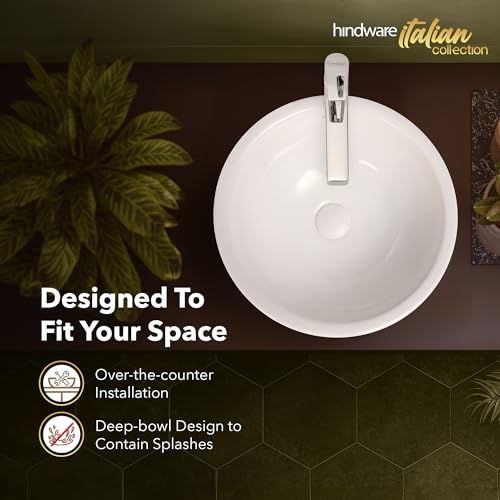 Image of Hindware Italian Collection Crystal Deep Bowl Table Top Wash Basin for Bathroom | Made of Ceramic | Star White | Round Shape | Over the Counter Basin