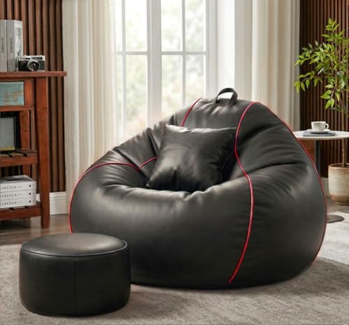 Image of Sattva Piping 4XL Sofa Style Bean Bag Chair with Beans Filled | Faux Leather Bin Bags Combo with Footstool & Cushion | Pre-Filled Large Beam Bag for Adults, Living Room - Black /Red Piping