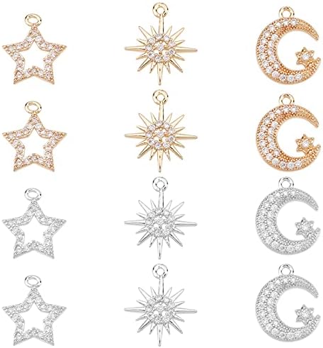 SUPERFINDINGS 12Pcs 3 Styles Cubic Zirconia Pendant Charms 2 Colors Star Moon Jewelry Charms Brass Sun Pendant Moon Dangle Pendants for DIY Necklace Bracelet Jewelry Making