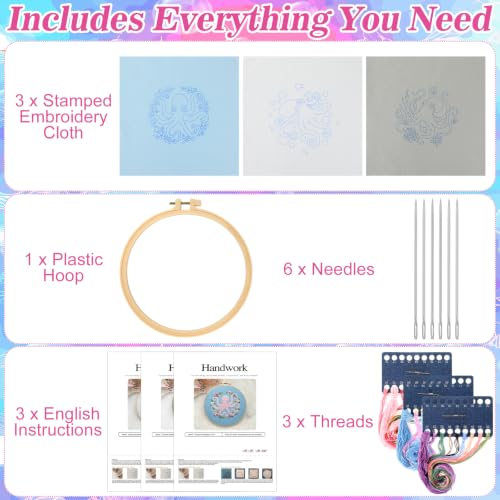 Image of Mindsoft 3 Set Needlepoint Kit for Beginners with Hoop,Octopus | Bamboo Hoop Thread Needles Instructions, Easy Hand Embroidery for Beginners Home Crafts,Pre-stamped Funny Cute Designs