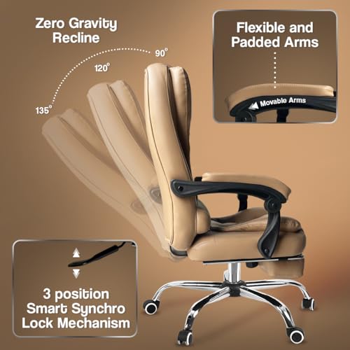 Image of Kepler Brooks Italia Premium Leatherette Office Chair for Work | 3-Years Warranty | Boss Chair for Office, Ergonomic Executive Chair, Cushioned Arms & Seat, Leg Rest,Heavy Duty Metal Base (Almond)