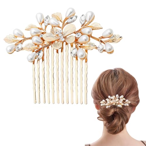 Image of 1 Pcs Gold Hair Accessories, Wedding Hair Accessories for Women, Gold Bridal Side Comb U Shape Leaf Hair Clip, Pearl Combs Headpiece Vintage Bride Accessories