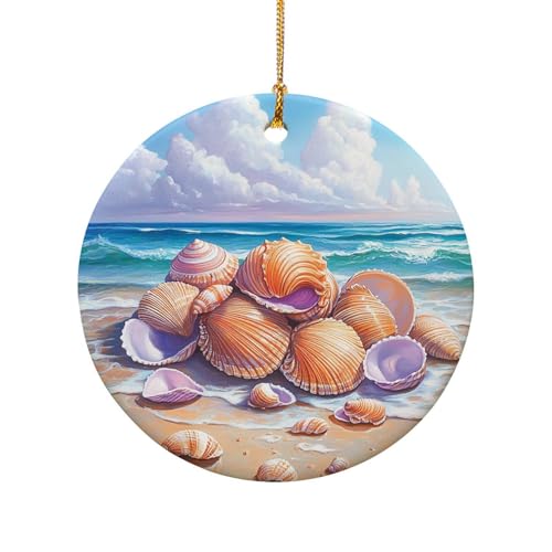 Albero Di Natale Addobbi Natalizi Cerámica Conchas Marinas Esparcidas sobre Sand Mojada En Un Paisaje Oceánico Creativo Adornos Colgantes para Árbol Bonitos Natale Addobbi para Adornos