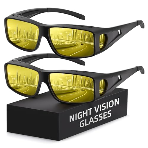 Fanshen Night Driving Glasses for Men Women, Fit Over Night Vision Glasses Anti Glare Polarized Lens with UV Protection(Matte Black Yellow * 2)