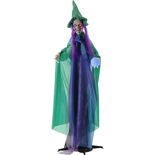 Haunted Hill Farm Talking Fortune Teller Witch Halloween Animatronic with Movement and Light-Up Crystal Ball for Scary Indoor or Covered Outdoor Halloween Decorations, Battery Operated Halloween Props