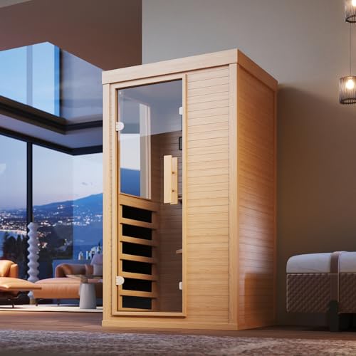 SunSwell Wood Infrared Sauna, 1 Person Traditional Home Sauna, Canadian Hemlock Indoor Dry Sauna Spa...
