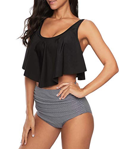 Image of Bathing Suits for Women High Waisted Swimsuits Tummy Control Two Piece Tankini Ruffled Top with Swim Bottom Bathing Suits