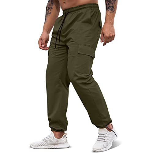 Lexiart Men's Workout Cargo Pants Elastic Waist Joggers Hiking Outdoor Athletic Sweatpants Casual Long Trousers With Pockets Green #TOP1
