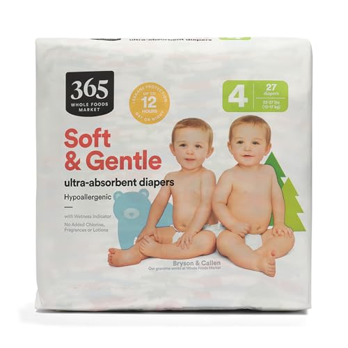 365 by Whole Foods Market, Soft & Gentle Size 4 Diapers with Wetness Indicator, Ultra-Absorbent, Hypo-Allergenic, Ultra-Absorbent, 27 Count