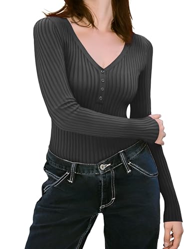 v28 Women Tops Long Sleeve V Neck Henley Button Up Casual Sexy Slim Fit Ribbed Knit Knitwear Pullover Sweater