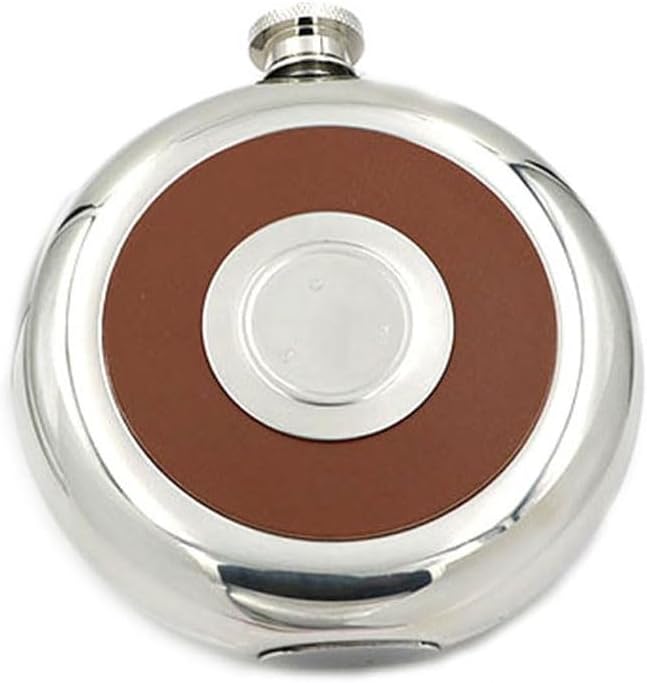 2 Pcs Round Stainless Steel Pocket Flask with Build-in Shot Glass 5Oz Hip Flask Mirror Polished Alcohol Bottles, Black & Brown