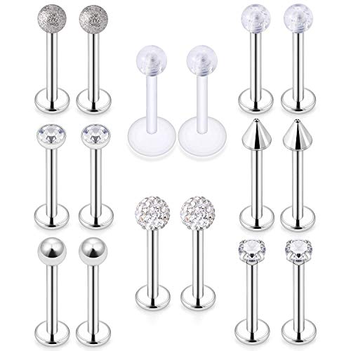 LAURITAMI 16G 16Pcs Piercing Tragus Boucle d'oreille Goujons Studs 316L Acciaio Inossidabile Clear CZ Lèvre Labret Monroe Cartilage Helix Stud Piercings Bijoux 10mm Bar Cover