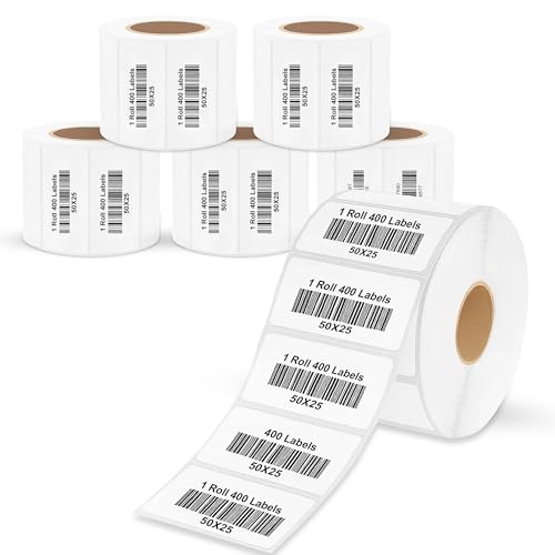 Image of GLUN Direct Thermal Barcode Label 400 Labels in 1 Roll, Size 50x25 mm, Direct Thermal White Self Adhesive Sticker for Labelling & Barcoding