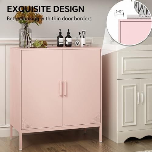 Steehoom Metal Storage Cabinet with 2 Doors, Steel Buffet Sideboard Entryway Locker Cabinet Kitchen Cupboard for Living Room, Dining Room, Kitchen, Office, Bar (Pink, 31.5\" D x 15.75\" W x 35.43\" H)