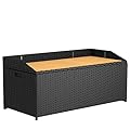 Greesum 65 Gallon Rattan Wicker Deck Box Large Outdoor Storage with Wood Bench Surface and Dust Bag for Patio Furniture, Garden Tools, Pool Supplies, Weatherproof and UV Resistant, Black
