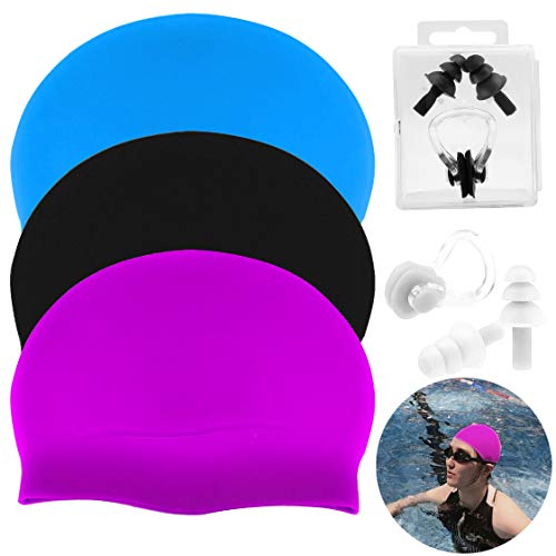 JJQHYC 3 Gorras de Natación de Silicona para Mujer Cabello Largo Incluye 2 Natación Tapones para Los Oídos y Clip Nasal