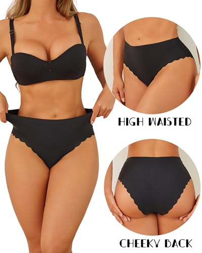 FINETOO Seamless Underwear for Women High Waisted Panties Scalloped Edge Sexy Cheeky Bikini No Show Briefs S-XXL 5 Pack2