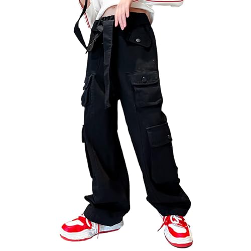 Image of Rolanko Girls Cargo Pants Baggy Y2K Cargo Trousers Jeans Wide Leg Pants with Multi Pockets 4-15 Years