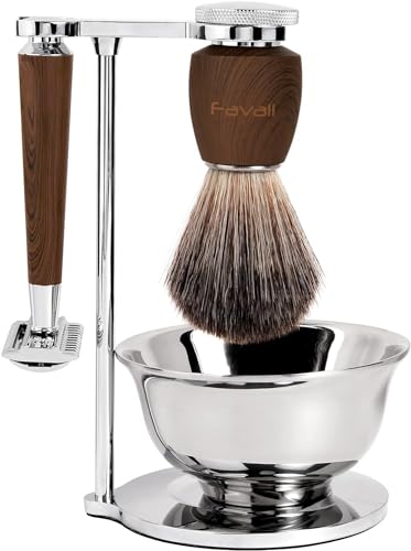 Favali Rasierset, Rasierpinsel set, 4-in-1 Rasierhobel Halter + Rasierschale + Dachshaar-Rasierpinsel + Rasierhobel (Klinge nicht enthalten),Sicherheitsrasierer kompatibel mit klassischer Rasierkling