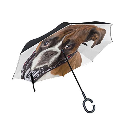 hengpai Dogs Boxer Handkerchief Neck Gray Reverse Inverted Inside Out Umbrella Cars Unigue Windproof UV Proof Double Layer for Women