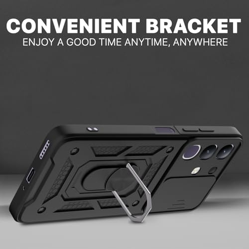 Image of Outlouders Back Cover for Vivo T4x 5G / iQOO Z10x 5G | D10 Tough Armor 360 Protection Case with Sliding Camera Shield & Ring Holder Stand Bumper Case (Black)