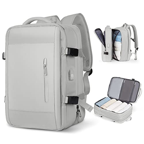 SZLX Large Travel Backpack Women, Carry On Backpack Men,Hiking Backpack Waterproof Outdoor Sports Rucksack Casual Daypack Fit 17 Inch Laptop with USB Charging Port Shoes Compartment Grey