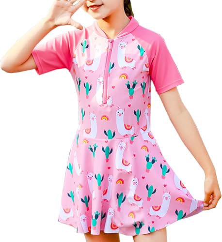 Image of Girls Swimsuit Girls One Piece Skirted Swimsuit Short Sleeve Floral Rash Guard Bathing Suit Swim Dress Swimwear