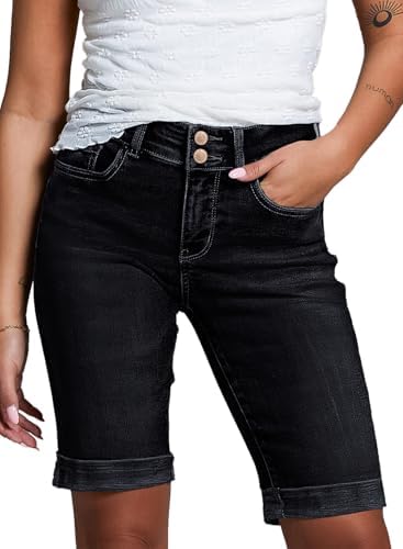 Sidefeel Women's Jean Shorts High Waisted Stretchy Bermuda Folded Hem Denim Summer Shorts