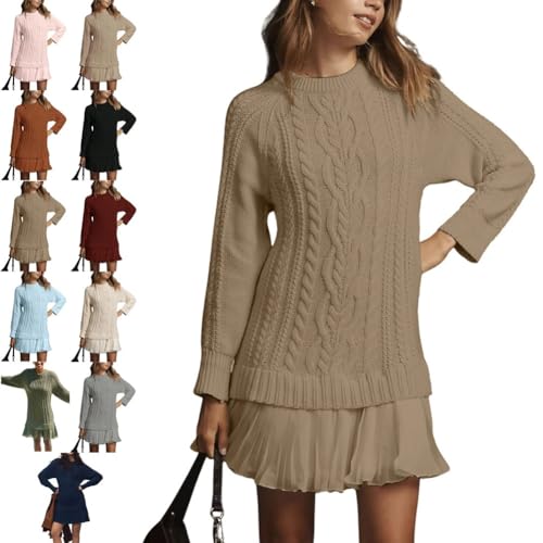 Women Crewneck Cable Knit Sweater Mini Dress, Cable Knit Sweater Dress with Pleated Skirt, Twofer Style Pullovers