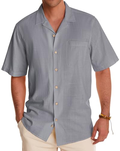 Alimens & Gentle Short Sleeve Button Down Shirts Linen Shirts for Men Cotton Summer Beach Cuban Shirts Vacation Hawaiian Shirts Neutral Gray