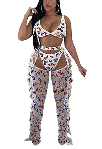 Yeshire Women's Sexy 2 Pieces Outfit See Through Crop Top and Pants Sets Mesh Cover Up Backless Jumpsuits Clubwear