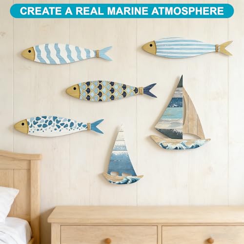 Yanxing 7 Stück Maritime Deko, Fisch Deko, Schiff Deko, Badezimmer Deko, Fisch, Segelboot, Holz, Hängende Dekoration, Geeignet Für Schlafzimmer, Badezimmer, Wohnzimmer, Ozeanthema (Blau Und Weiß)