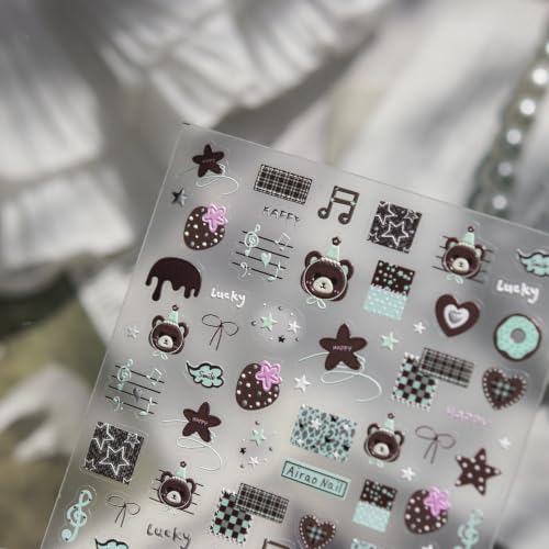 Image of Chestnut Bear Nail Stickers 5D Embossed Nail Art Decal Cartoon Nail Charms | Fall Nail Decals with Music Notes, Plaid, Donut & Star Patterns, Design Self-Adhesive Stickers, for Women Daily DIY Manicure